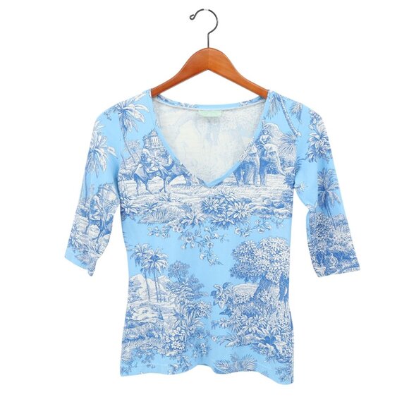 Manuel Canovas Toile Print Stretch Knit Floral V-neck Top M 6 8 - Picture 1 of 5